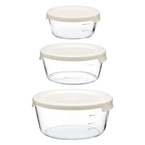 HARIO(ハリオ) 耐熱ガラス製 保存容器 丸 S/M/L 3個セット ホワイト 電子レンジOK 食洗器OK 300mL/600mL/1200