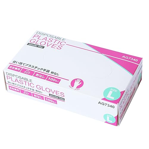 1箱クリア/L/AG7340・Size:LStyle:1箱・パッケージ個数:1・【サイズ】L　全長：約24.0cm　手の平まわり：約21.0cm　中指：約8.6cm・【素材】塩化ビニール、可塑剤　【用途】工場作業、介護、家事、園芸、衛生、医療など・・1箱100枚入り　・左右兼用タイプ　・粉なし・パウダーフリータイプのプラスチック手袋（PVC手袋）です。指先・手にフィットする、極薄手袋です。1回使い切りの介護現場や、ひどい油汚れの現場などに適しています。調理には使用しないでください。海外工場において徹底した品質管理を行っております。清潔で安全なビニール手袋をお届けいたします。・パッケージリニューアルに伴い、新旧在庫が混在しております。中身は同じものです。商品紹介 フィット感を高めた使い捨てのプラスチック手袋。1回使い切りの介護現場やひどい油汚れの現場などに適しています。 安全警告 調理には使用しないでください。 ご注意（免責）必ずお読みください 【ご使用上の注意】・アレルギー反応等により、体質によっては、かゆみ、かぶれ、発疹等を起こすことがあります。異常を感じたら使用を中止し、医師に相談してください。・熱いものには触れないで下さい。火傷の恐れがあります。・高濃度の薬品や溶剤(ガソリン・ベンジン等)には長時間使用しないでください。膨潤、浸透、硬化することがあります。・調理には使用しないでください。・感電の恐れがありますので、電流には触れないでください。・爪先、刃物や尖ったもの等で傷をつけないようご注意ください。やぶれの原因になります。・品質保持のため、直射日光、高温、多湿での保管は避けてください。・本品は使いきりタイプです。