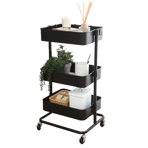 樂天商城 - 不二貿易 高さが調整できるキッチンワゴン キッチンラック 3段 収納ワゴン キャスター付き 幅42×奥行36×高さ78cm ブラック マルシェ