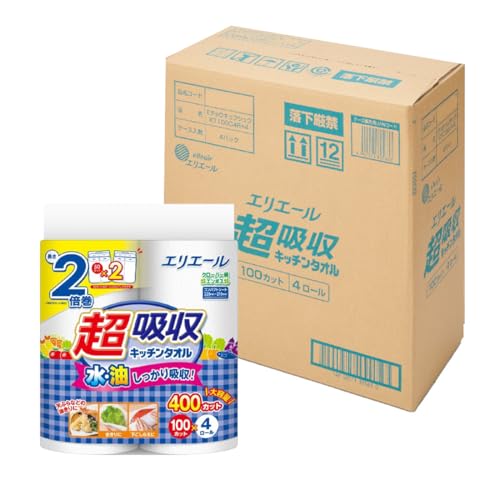 エリエール キッチンタオル 超吸収 2倍巻き 100カット×16ロール(4ロール×4パック) パルプ100%【ハーフケース】【EC限定ケース入数