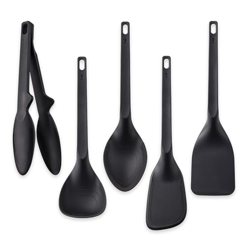 貝印 キッチンツール 5本セット スプーン レードル ヘラ ターナー トング 食洗機対応 お手入れ簡単 重ねて収納 ブラック kasanaru