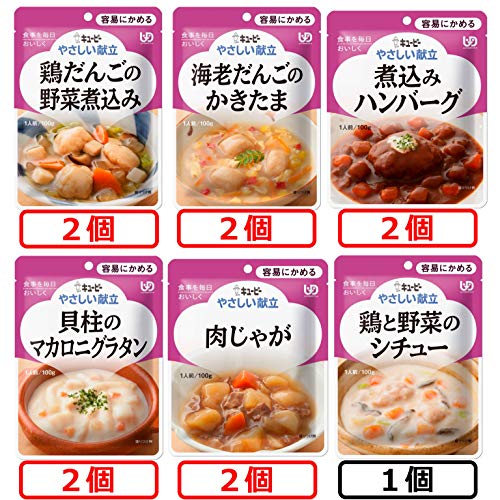 容易にかめるセット/100グラム (x 11)/47586・FlavorName:アソート・パッケージ個数:1・商品サイズ (幅×奥行×高さ) :24.3cm×16.8cm×7.1cm・【原産国】日本・内容量:11個・【ユニバーサルデザインフード 容易にかめる】具材の形を残し、スプーンなどでかんたんにつぶせるくらいにやわらかく調理しています。区分1商品紹介 (鶏だんごの野菜煮込み) やわらかく仕立てた鶏肉だんごを白菜、豆腐、大根、にんじんなどと和風だしで煮込みました。 (海老だんごのかきたま) やわらかく仕立てた海老だんごを白菜、にんじんとじっくり煮込み、赤ピーマン、とうもろこし、卵を加え、ほんのり中華風に仕上げました。 (煮込みハンバーグ) やわらかく仕立てたハンバーグをコクのあるソースでじっくり煮込みました。じゃがいも、にんじん、玉ねぎが入った具だくさんのソースです。 (貝柱のマカロニグラタン) ほんのりチーズをきかせたホワイトソースに貝柱、マカロニ、じゃがいもを加えたグラタンです。 (鶏と野菜のシチュー) 鶏肉、玉ねぎ、キャベツ、にんじん、しいたけをじっくり煮込んだシチューです。みそを隠し味にきかせたコクのある仕立てです。 (肉じゃが) じゃがいも、玉ねぎ、にんじんを牛肉のうま味をきかせて煮込みました。ほどよい甘さで上品に仕上げました。・原材料・成分 (鶏だんごの野菜煮込み) 野菜(はくさい、だいこん、にんじん)、鳥つくね、豆腐、米発酵調味料、でん粉、しょうゆ、しいたけ、かつお節エキス、酵母エキスパウダー、かつお節エキスパウダー、チキンエキス、こんぶエキスパウダー、食塩、砂糖/調味料(アミノ酸等)、卵殻カルシウム、pH調整剤、豆腐用凝固剤、(一部に卵・小麦・さば・大豆・鶏肉を含む) (海老だんごのかきたま) 野菜(はくさい、にんじん、とうもろこし、ピーマン、しょうが)、えび団子(えび、すけとうだらすり身、でん粉、乾燥マッシュポテト、乾燥卵白、食塩、えびパウダー、えび醤)、鶏卵、でん粉、チキンエキスパウダー、植物油脂、かつお節エキス、砂糖、酵母エキスパウダー、食塩、こんぶエキスパウダー、香辛料/調味料(アミノ酸等)、卵殻カルシウム、pH調整剤、(一部に卵・乳成分・小麦・えび・ごま・大豆・鶏肉を含む) (煮込みハンバーグ) ハンバーグ(鶏肉、ソテーオニオン、でん粉、パン粉、乾燥マッシュポテト、乾燥卵白、食塩、砂糖)/卵殻カルシウム、調味料(アミノ酸)、pH調整剤、ソース(野菜(じゃがいも、にんじん、たまねぎ)、ソテーオニオン、トマトペースト、小麦粉、ぶどう発酵調味料、バター、チキンエキス、チキンエキスパウダー、植物油脂、ポークエキス、砂糖、酵母エキスパウダー、食塩、トマトケチャップ、ココアパウダー、香辛料/カラメル色素、調味料(アミノ酸等)、増粘剤(加工でん粉))、(一部に卵・乳成分・小麦・大豆・鶏肉・豚肉を含む) (貝柱のマカロニグラタン) 野菜(じゃがいも、たまねぎ、にんじん)、乳等を主要原料とする食品(植物油脂、クリーム、脱脂粉乳、チーズ、乳たん白、バターオイル、食塩)、牛乳、マカロニ、いたや貝柱、バター、小麦粉、でん粉、乳たん白加工品、食塩、酵母エキスパウダー、植物油脂、卵黄油、ほたてエキスパウダー、香辛料/卵殻カルシウム、増粘剤(キサンタンガム)、調味料(アミノ酸等)、(一部に卵・乳成分・小麦・大豆を含む) (鶏と野菜のシチュー) 野菜(たまねぎ、にんじん、キャベツ)、鶏肉(国産)、牛乳、乳等を主要原料とする食品(植物油脂、クリーム、脱脂粉乳)、乳たん白加工品(還元水あめ、乳たん白、植物油脂、砂糖、たん白質濃縮ホエイパウダー、乳等を主要原料とする食品、チーズ)、しいたけ、小麦粉、バター、みそ、酵母エキスパウダー、食塩、チキンエキス、砂糖/増粘剤(加工でん粉、キサンタンガム)、調味料(アミノ酸等)、卵殻カルシウム、香辛料抽出物、酸味料、(一部に卵・乳成分・小麦・大豆・鶏肉を含む) (肉じゃが) 野菜(じゃがいも、たまねぎ、にんじん)、牛肉、しょうゆ、砂糖、でん粉、米発酵調味料、かつお節エキス、植物油脂、ソテーオニオン、こんぶエキスパウダー、ポーク・チキンエキス/調味料(アミノ酸等)、増粘剤(キサンタンガム)、(一部に小麦・牛肉・大豆・鶏肉・豚肉を含む) 原材料に含まれるアレルギー物質: (鶏だんごの野菜煮込み) 卵・小麦・さば・大豆・鶏肉 (海老だんごのかきたま) 卵・乳成分・小麦・えび・ごま・大豆・鶏肉 (煮込みハンバーグ) 卵・乳成分・小麦・大豆・鶏肉・豚肉 (貝柱のマカロニグラタン) 卵・乳成分・小麦・大豆 (鶏と野菜のシチュー) 卵・乳成分・小麦・大豆・鶏肉 (肉じゃが)小麦・牛肉・大豆・鶏肉・豚肉