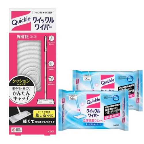 【セット買い】クイックルワイパー 本体1個＋立体吸着ウェットシート16枚×2パックセット（ 香りが残らないタイプ ）