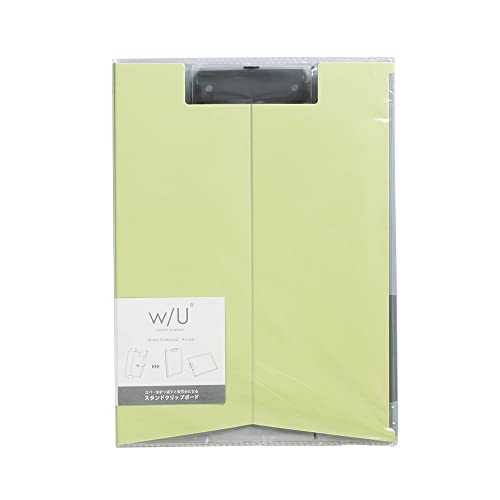 ピスタチオグリーン/-/WU-QB-STA4E-G・Color:ピスタチオグリーン・パッケージ個数:1・本体寸法:A4E型/タテ320xヨコ235x背巾10mm・重量:約220g・材質:ボード/発泡PP製・厚み約2mm、綴具/スチール製クリップ式綴具・収納枚数:コピー用紙約30枚(64g/程度)[w/U 〜watashi no sobani〜]シリーズ第3弾●PC入力作業に便利なスタンドできるクリップボード。●縦横どちら向きでも書類が見やすいスタンド形状。ペンを差せるくぼみ付き。つり下げ穴付き。