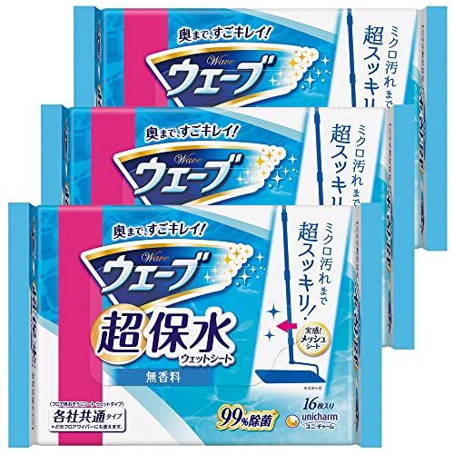 -/16シート (x 3)/-・Size:16シート (x 3)・パッケージ個数:1・“超保水ウェットシートでミクロ汚れまで超スッキリ・「香りが残らない無香料タイプ」・「プレシャスフラワーの香り付きタイプ」・「アルコール成分不使用のノンアルコール除菌(無香料)タイプ」の選べる3タイプ 全ての菌を除菌するわけではありません。・水分たっぷり超保水層 程よいウェット感が最後まで続き、水分がほこりや小さいゴミまで行き渡り、ミクロ汚れまでしっかり吸着・商品サイズ(幅×奥行×高さ):205mm×49mm×116mm・内容量:48枚(16枚×3) パッケージのデザイン変更に伴い、掲載画像とは異なったデザインの商品が届く場合がございます。あらかじめご了承ください。商品紹介 保水域が1.6倍になったワイド超保水層から洗浄液がじわじわ染み出し、程よい水分量が続きます。 また、疎水繊維を配合したトップシートと、超保水層からなる「ベタつき吸着3枚多層シート」が床に密着してベタつき汚れをしっかり吸着。 最後までずっとウェット感が続き、軽い力で汚れが良く取れます。・原材料・成分 シート材質:ポリエステル、パルプ、レーヨン、ポリオレフィン/成分:水、エタノール、界面活性剤、除菌剤/液性:弱アルカリ性