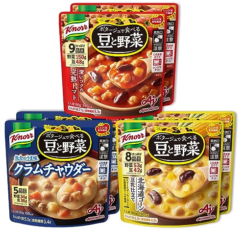 -/-/4901625497694・FlavorName:3種アソート・たっぷりの豆と野菜が入っていてカラダにとって重要なたんぱく質や食物繊維などの栄養が摂れる、食べ応えのあるスープです。・3種類のフレーバーが楽しめる、お求めやすいバラエティセットです。・袋のまま電子レンジで温めるだけで、いつでも簡単・手軽に調理できます。商品紹介 たっぷりの豆と野菜が入っていてカラダにとって重要なたんぱく質や食物繊維などの栄養が摂れる、食べ応えのあるスープです。3種類のフレーバーが楽しめる、お求めやすいバラエティセットです。袋のまま電子レンジで温めるだけで、いつでも簡単・手軽に調理できます。 原材料・成分 【完熟トマト】ひよこ豆(アメリカ)、トマトペースト、ソテーオニオン、じゃがいも、赤いんげん豆、チキンブイヨン、砂糖、でん粉、ミルポワペースト、チーズパウダー、食塩、肉・野菜エキス、オニオンパウダー、パプリカ粉末、にんにくペースト、デキストリン、酵母エキス発酵調味料、香辛 料、酵母エキス、たん白加水分解物/調味料(アミノ酸等)、(一部に乳成分・大豆・鶏肉・豚肉を含む) 【北海道コーン】スイートコーンペースト(国内製造)、ひよこ豆、スイートコーン、乳等を主要原料とする食品、赤いんげん豆、麦芽糖、チキンブイヨン、豆乳、砂糖、食塩、乾燥マッシュポテト、オニオンパウダー、たん白加水分解物、ミルポワペースト、デキストリン、バターソテーオニオンパウダー、にんにくペースト、香辛料、酵母エキス発酵調味料/糊料(加工デンプン)、調味料(アミノ酸等)、香料、(一部に乳成分・大豆・鶏肉を含む) 【クラムチャウダー】ひよこ豆(アメリカ)、乳等を主要原料とする食品、じゃがいも、にんじん、砂糖、オニオンパウダー、乾燥マッシュポテト、食塩、乾燥あさり、フィッシュパウダー、ホタテエキス、干貝柱パウダー、ミルポワペースト、こしょう、デキストリン/糊料(加工デンプン)、調味料(アミノ酸等)、香料、(一部に乳成分・大豆・鶏肉を含む) 使用方法 袋のまま電子レンジで温めるだけで、いつでも簡単・手軽に調理できます。