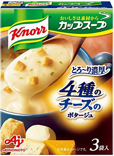 -/18.4グラム (x 12)/-・FlavorName:チーズSize:18.4グラム (x 12)・パッケージ個数:4・内容量:(18.4g)×3袋×4箱・カロリー: 【1食当たり】 エネルギー:84kcal・原材料:チーズ、クリーミングパウダー、食用加工油脂、デキストリン、乳糖、食塩、砂糖、酵母エキス、オニオン、全粉乳、香辛料、チキンエキス、ミルポアパウダー、うきみ(チーズクルトン、パセリ)/増粘剤(加工でん粉)、調味料(アミノ酸等)、乳化剤、酸味料、膨脹剤、(一部に小麦・乳成分・大豆・鶏肉を含む)・商品サイズ(高さx奥行x幅):122mm×30mm×93mm
