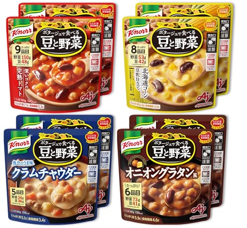 FlavorName:4種アソート・たっぷりの豆と野菜が入っていてカラダにとって重要なたんぱく質や食物繊維などの栄養が摂れる、食べ応えのあるスープです。・4種類のフレーバーが楽しめる、お求めやすいバラエティセットです。・袋のまま電子レンジで温めるだけで、いつでも簡単・手軽に調理できます。商品紹介 たっぷりの豆と野菜が入っていてカラダにとって重要なたんぱく質や食物繊維などの栄養が摂れる、食べ応えのあるスープです。4種類のフレーバーが楽しめる、お求めやすいバラエティセットです。袋のまま電子レンジで温めるだけで、いつでも簡単・手軽に調理できます。 原材料・成分 【完熟トマト】ひよこ豆(アメリカ)、トマトペースト、ソテーオニオン、じゃがいも、赤いんげん豆、チキンブイヨン、砂糖、でん粉、ミルポワペースト、チーズパウダー、食塩、肉・野菜エキス、オニオンパウダー、パプリカ粉末、にんにくペースト、デキストリン、酵母エキス発酵調味料、香辛 料、酵母エキス、たん白加水分解物/調味料(アミノ酸等)、(一部に乳成分・大豆・鶏肉・豚肉を含む) 【北海道コーン】スイートコーンペースト(国内製造)、ひよこ豆、スイートコーン、乳等を主要原料とする食品、赤いんげん豆、麦芽糖、チキンブイヨン、豆乳、砂糖、食塩、乾燥マッシュポテト、オニオンパウダー、たん白加水分解物、ミルポワペースト、デキストリン、バターソテーオニオンパウダー、にんにくペースト、香辛料、酵母エキス発酵調味料/糊料(加工デンプン)、調味料(アミノ酸等)、香料、(一部に乳成分・大豆・鶏肉を含む) 【クラムチャウダー】ひよこ豆(アメリカ)、乳等を主要原料とする食品、じゃがいも、にんじん、砂糖、オニオンパウダー、乾燥マッシュポテト、食塩、乾燥あさり、フィッシュパウダー、ホタテエキス、干貝柱パウダー、ミルポワペースト、こしょう、デキストリン/糊料(加工デンプン)、調味料(アミノ酸等)、香料、(一部に乳成分・大豆・鶏肉を含む)【オニオングラタン】ひよこ豆(アメリカ)、ソテーオニオン、砂糖、赤いんげん豆、乳等を主要原料とする食品、チキンエキス、乾燥マッシュポテト、ミルポワペースト、オニオンパウダー、食塩、マッシュルームエキス、チキンミートペースト、チーズパウダー、デキストリン、酵母エキス、こしょう／糊料(加工デンプン、キサンタン)、調味料(アミノ酸等)、カラメル色素、香料、(一部に乳成分・大豆・鶏肉・豚肉を含む)