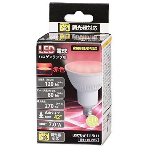 広角白/E11/LDR7R-W-E11/D 11・パッケージ個数:1・ハロゲンランプ形LED電球・配光角42°の広角タイプ・調光器対応・赤色・口金：E11【 特 長 】 ● ハロゲンランプ形LED電球 ● 配光角42°の広角タイプ ● 調光器対応 ● 赤色 ● 口金:E11 【 仕 様 】 寸法:全長=約61mm、最大径=約50mm 質量:52g 定格消費電力:7.0W 定格電流:75mA 全光束:120lm ビーム光束:80lm 最大光度:270cd 配光角:42度 定格寿命:40000h 屋内用(屋外使用禁止) 交流電源 100V 50/60Hz 密閉器具非対応 ご注意 次のような器具には絶対に使用しないこと(破損・発煙・短寿命の原因) ・リモコンのついた電気器具や回路(適合表示器具を除く) ・誘導灯器具、非常用照明器具、水銀灯・ナトリウムランプ・メタルハライドランプなどのHIDランプ器具 ・密閉形または密閉に近い器具(適合表示器具を除く) ・断熱材施工器具〔SB・SGI・SG形表示器具〕(適合表示器具を除く) ・白熱電球専用の人感センサー付き、遅れ停止スイッチなどの自動点灯器具 ・電球用以外の調光器具(蛍光ランプ用調光器具など) ・ランプと反射板の距離が狭い器具 (このほか使用器具の種類によって寸法的、熱的、その他の状況により使用できない場合があります) 調光器具でも次の器具では使用できません(ちらつき・不点灯の原因) ・人感センサー付調光器、段階調光形調光器 ・リモコン式調光器 ・定格1000W以上の調光器 ・記憶式調光器(明かりのシーンをボタンひとつで再現できる調光器) 以下の環境では絶対に使用しないこと ・水滴などがかかる場所 ・直流電流