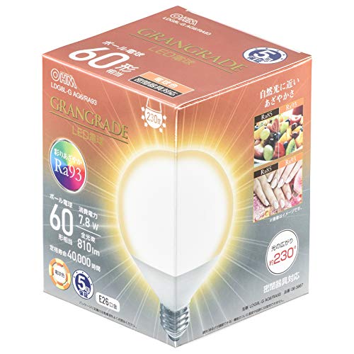 オーム電機 LED電球 ボール電球形 E26 60形相当 電球色 LDG8L-G AG6/RA93 06-3867 OHM