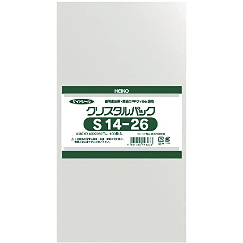 透明/14×26cm/006752000・Size:14×26cmPatternName:無地・パッケージ個数:1・透明度と強度に優れたポリプロピレン製の「クリスタルパック」。・たっぷり使える大容量タイプ。・【サイズ】幅140×高さ260mm・【入数】100枚 【材質】OPP0.03mm厚・商品の保管は、高温・多湿・直射日光を避け、ご購入後は速やかにお使いください。国内製のOPP(二軸延伸ポリプロピレン)を使用したクリスタルパックは透明度がよく、つやがあるのが特長の透明袋です。高い透明度で、中に入れるものを美しく引き立てます。 OPPのシートを底で折り返し、袋の両側をヒートシール(熱圧着)して製造するため、袋にミミ(のりしろ)が発生せず、スマートな使用感が魅力です。 クリスタルパックSタイプは、シモジマのクリスタルパックシリーズの中でも最もシンプルで、テープ等がつかないタイプです。 折り返しの位置を自由に調整できるほか、封をする際のシールを工夫して頂くこともできるなどカスタマイズのし易さが魅力となっております。 商品名:ヘイコー 透明 OPP袋 クリスタルパック 14×26cm 100枚 S14-26