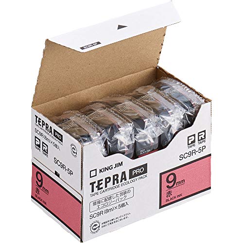 キングジム 【純正】 テプラPROテープカートリッジ エコパック5個入 9mm 赤ラベル/黒文字 長さ8m SC9R-5P