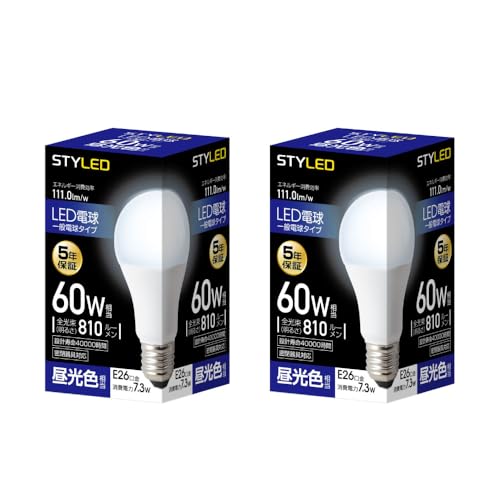 スタイルド(STYLED) LED電球 口金直径26mm 電球 60W形相当 昼光色 2個セット 一般電球 広配光タイプ 密閉器具対応 HA6T(3)