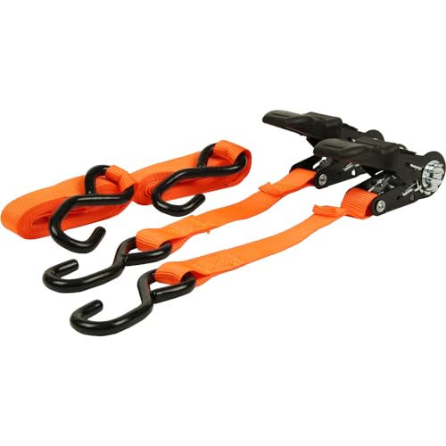 ラチェット式ベルト荷締機オレンジ/2.3m/ERT-25SSR 2PCS・Color:オレンジSize:2.3mStyle:ラチェット式ベルト荷締機・パッケージ個数:1・用途:荷物運搬時、荷崩れ防止・転倒防止の結束・固定・ベルト幅:25mm、全長:2.3m(固定側0.3m/調整側2m)・最大使用力:1.25kn(127kg)、破断荷重:5kn(509kg)・バックルの種類:ラチェットバックル、端末の仕様:オープンフック・ベルトカラー:オレンジ、2本組商品紹介 荷締め作業が簡単に、早く、確実に出来る ラチェット機能付きで、しっかりと荷物の締め付けが行える ハンドルは、手にやさしいゴムグリップ付き ベルト式のため、積み荷を傷つけない 軽トラックなどの積荷の固定に適している 注意べルトが鋭利な物に当たる場合は、ベルトが切れる恐れがありますので、接触部に当てパットを使用下さい。 より ●1BOX車の中でバイクを固定したり、ルーフキャリアに荷物を積むのに便利 ●ベルト長さ2.2Mで余りのベルトが少なく、巻き取り後邪魔になりにくい