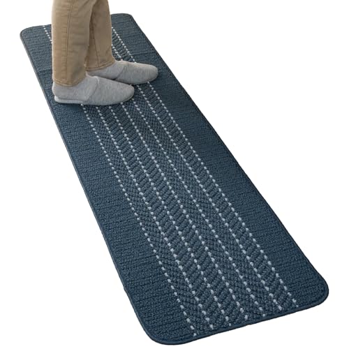 オカ(OKA) 優踏生洗いやすい キッチンマット 約45cm×180cm ネイビー(ヘリンボン) (洗える 軽量 滑り止め クッション)