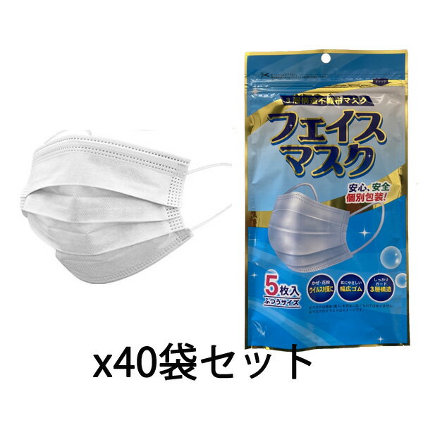 【訳アリ】 箱売り200枚 3層構造 不織布マスク 5枚入り*40個セット 1枚個別包装！ 衛生的 携帯に便利 1枚ずつ個別袋入り 大人用サイズ 息苦しさ軽減 立体プリーツ やわらかゴム ◇ 5P個包装マスク:白 父の日 ギフト