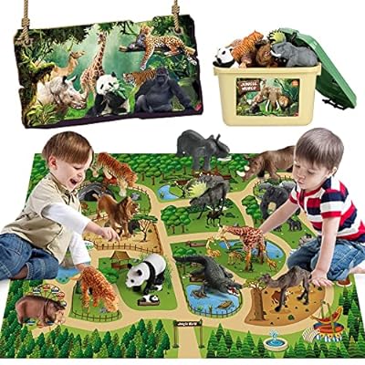 Mini Tudou 12個サファリ動物フィギュアおもちゃと145×98cm大きいプレイマットリアルなジャンボジャングルワイルドズー動物フィギュアのプレイセットゾウ、キリン、ライオンを含み、子供、幼児、男の子、女の子に適しています