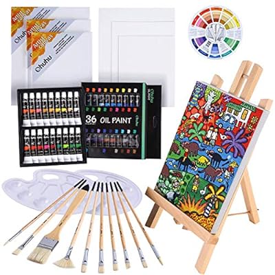 Ohuhu 油絵具 セット 56点セット 36色 油絵 油絵の具 絵画 画材 絵の具セット 初心者 大人 男の子 女の子 木製イーゼル 張りキャンバス 油彩筆 パレット カラーホイール