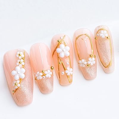 Sun&Beam Nails 手作り ネイルチップ ミディアム ロング バレリーナ 緑 グリーン 蝶 花 人気 3D おしゃれ 可愛い デザイン つけ爪 付け爪 収納ボックス付き 10枚入 (XS, 010 梅・ピンク)