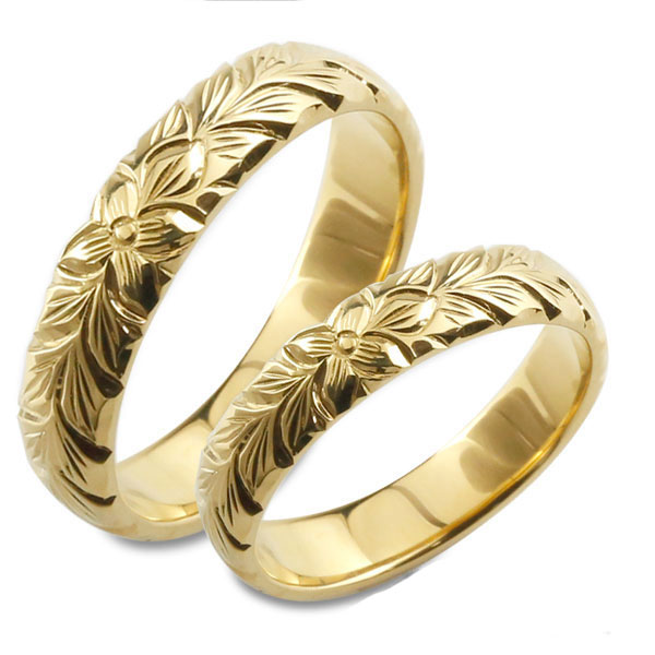 ペアリング k18 リング ハワイアンジュエリー ハワイアン レディース イエローゴールド シンプル ストレート 甲丸 地金リング 彫金 手彫り 結婚指輪 エン...