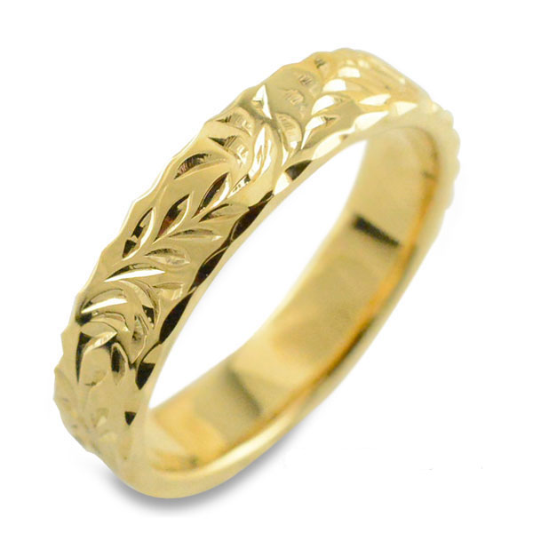 k18 リング ハワイアンジュエリー ハワイアン レディース イエローゴールド シンプル ストレート ヒラウチ 葉っぱ 地金リング 彫金 手彫り 結婚指輪 18...