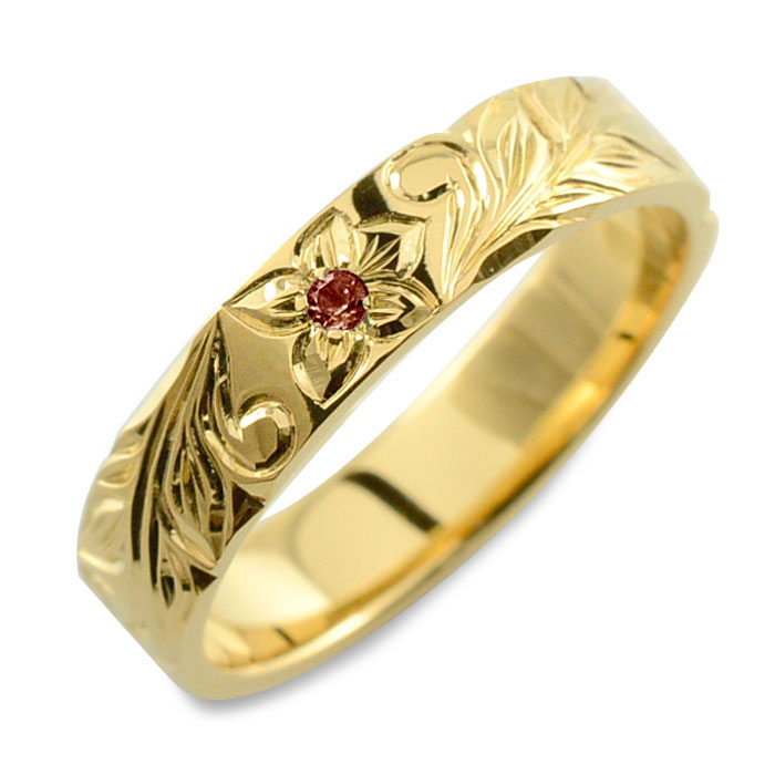 k18 リング ハワイアンジュエリー ガーネット ハワイアン レディース イエローゴールド ストレート ヒラウチ 地金リング 誕生石 彫金 手彫り ハンドメイド...