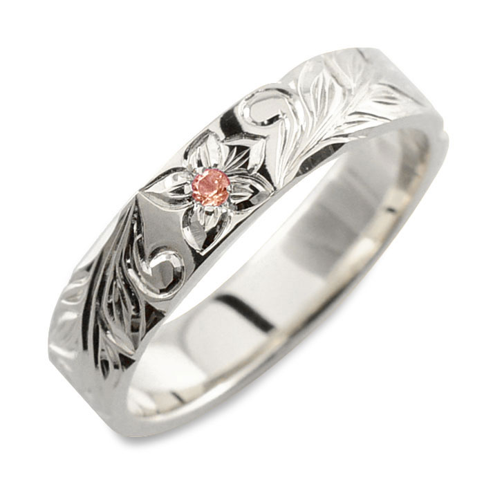 k18 リング ハワイアンジュエリー ピンクトルマリン ハワイアン レディース ホワイトゴールド ストレート ヒラウチ 地金リング 誕生石 彫金 手彫り ハンド...