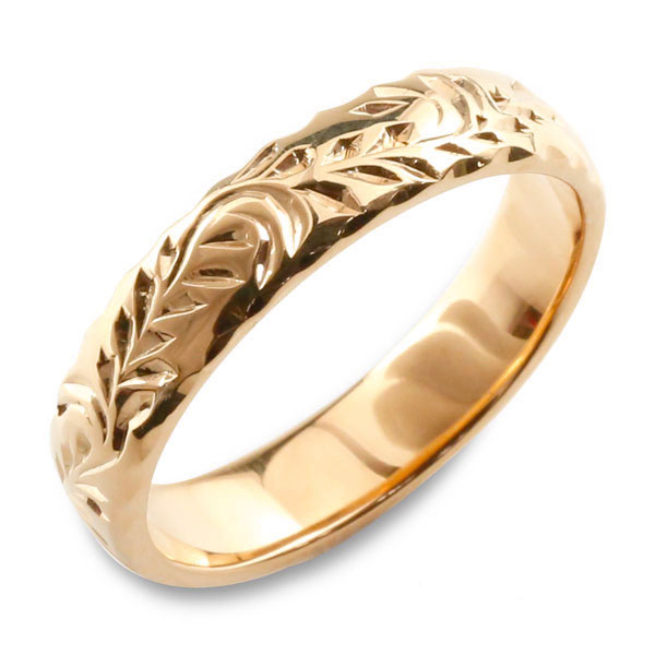 k18 リング ハワイアンジュエリー ハワイアン レディース ピンクゴールド シンプル ストレート 甲丸 葉 地金リング 彫金 手彫り 結婚指輪 18金 エンゲ...