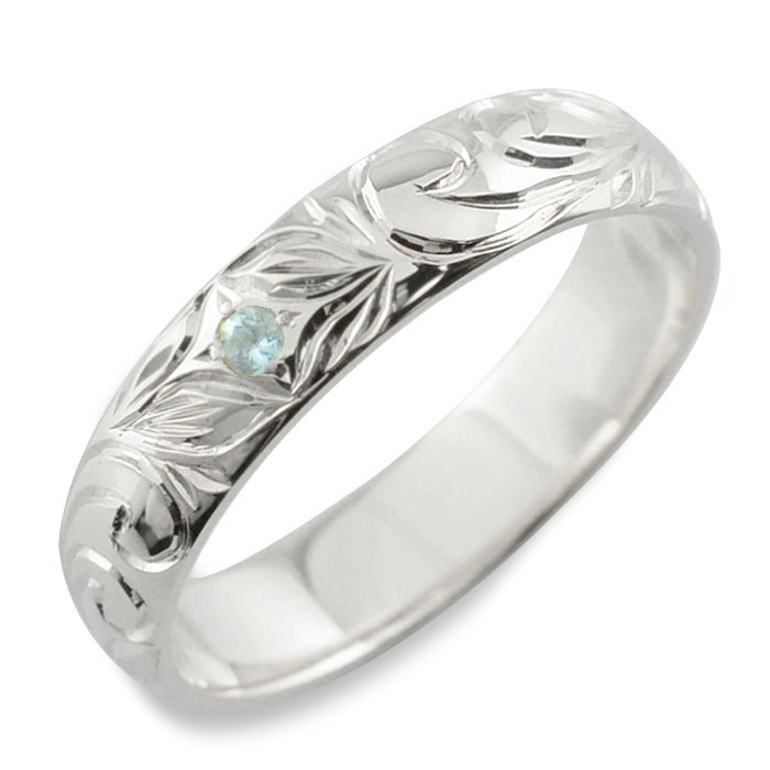 ハワイアンジュエリー アクアマリン ハワイアン レディース リング シルバー sv925 ストレート 甲丸 地金リング 波 リーフ 誕生石 3月 彫金 手彫り ...