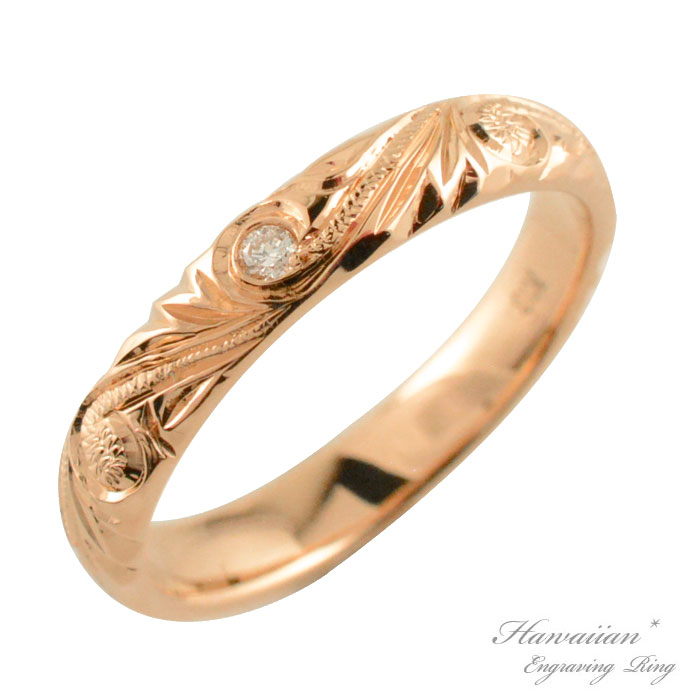 k18 リング ハワイアンジュエリー ダイヤモンド ハワイアン レディース ピンクゴールド シンプル ストレート 天然石 甲丸 地金リング 彫金 手彫り 誕生石...