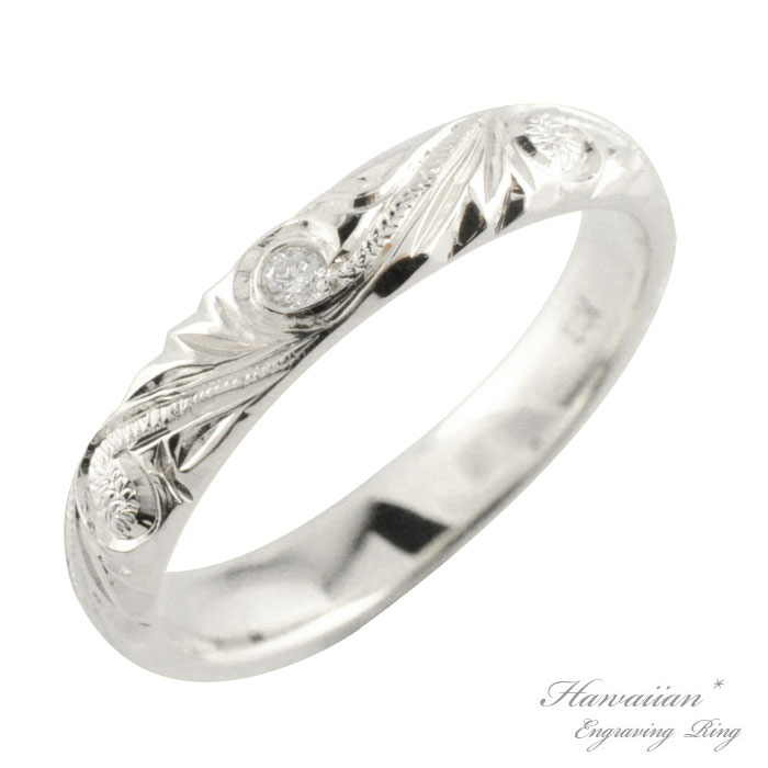 k18 リング ハワイアンジュエリー ダイヤモンド ハワイアン レディース ホワイトゴールド シンプル ストレート 天然石 甲丸 地金リング 彫金 手彫り 誕生...