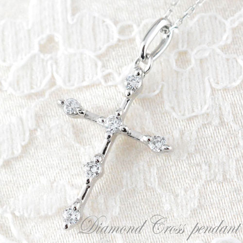 【10％OFFクーポン配布中】 10金 クロス ネックレス ダイヤモンド レディース ペンダント ホワイトゴールド 10k k10 0.08ct ダイヤ 華奢 ダイヤネックレス 十字架 プレゼントに