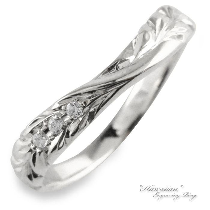 k10 ハワイアンジュエリー ダイヤモンド ハワイアン レディース リング ホワイトゴールドマイレ ウエーブ 葉 彫金 手彫り ハンドメイド 10k 10金 ハ...