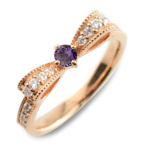 Rakuten - 【10%OFFクーポン配布中】 k18 リング アメジスト ピンキーリング リボンリング ダイヤ リボン ダイヤモンド 指輪 18金 誕生石 クラシカル ミルウチ イエローゴールド 18k 婚約指輪 エンゲージリング 結婚指輪 レディース 母の日 誕生日