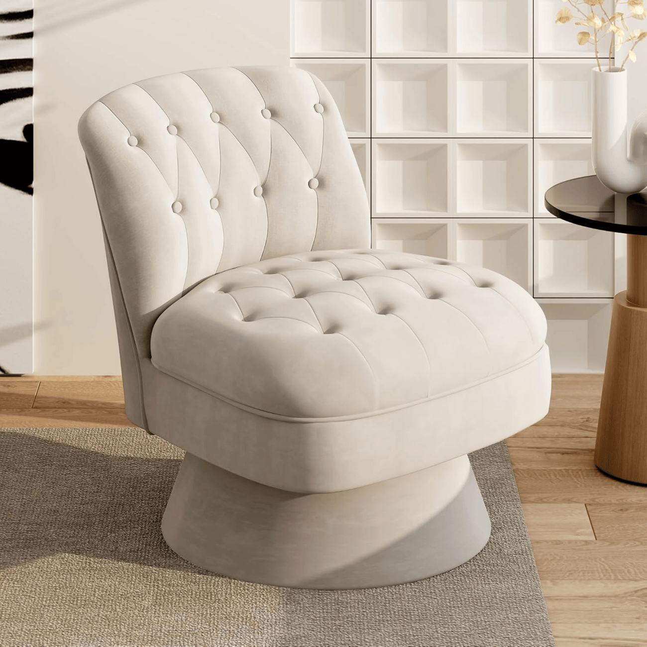 モダンデコ 椅子 ソファー 1人掛け リラックス チェア 回転座椅子 タフトボタン加工の張り地仕様 バレルアクセントチェア サイドコーナー 狭小空間用 360度 リビング ベッドルーム office chair ドレッサー