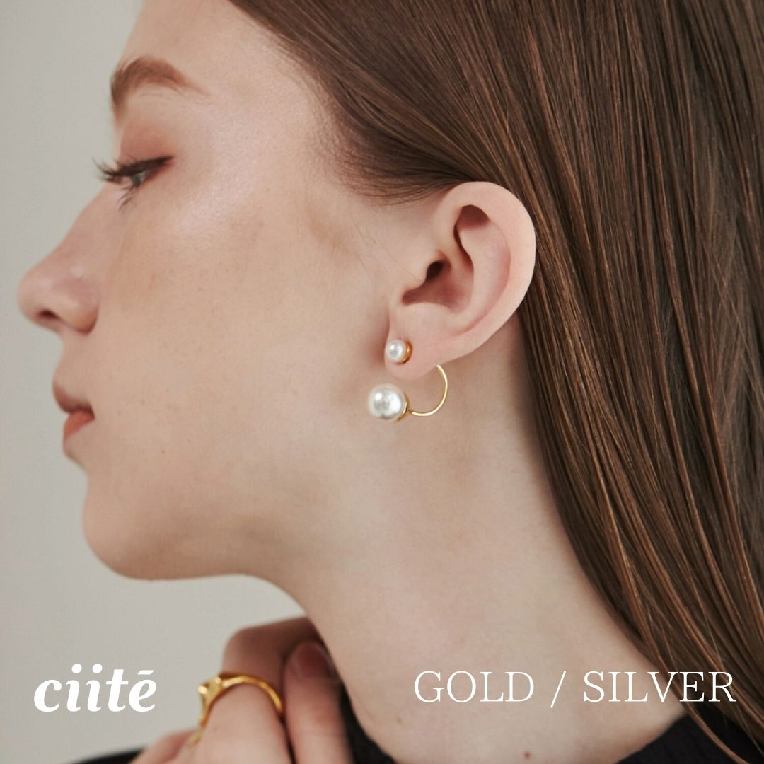 ダブルパールキャッチ イヤリング (両耳用) レディース アクセサリー 結婚式 パーティー 誕生日 プレゼント シルバー ゴールド ピンクゴールド シンプル