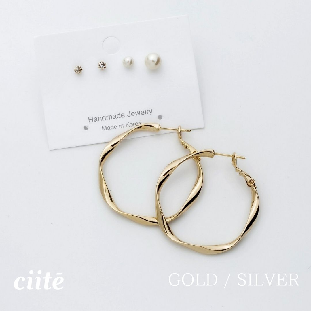 Rakuten - ねじりピアス × パールピアス 3ピアスセット (両耳用) レディース アクセサリー 結婚式 パーティー 誕生日 プレゼント シルバー ゴールド ピンクゴールド シンプル