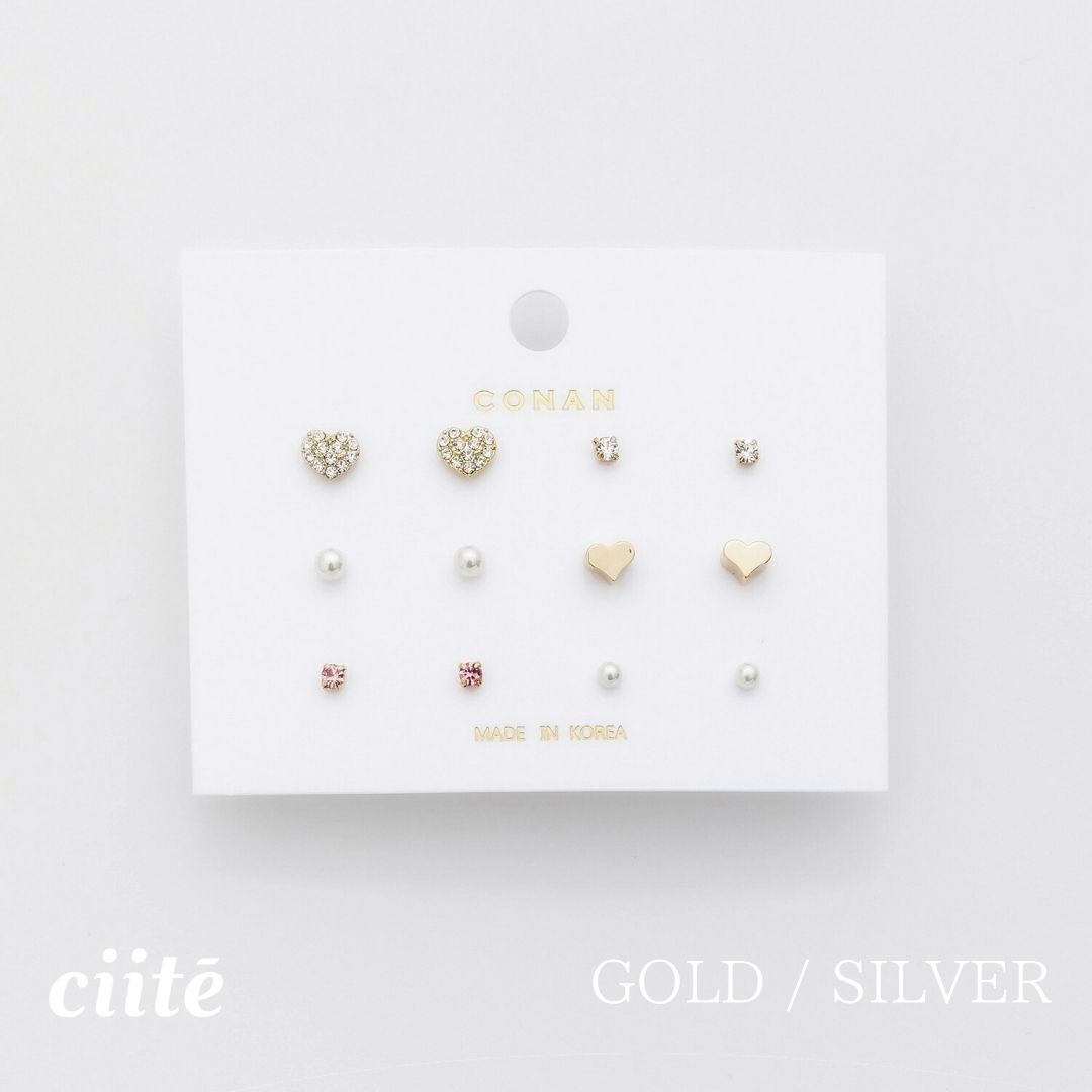 Cubic Zirconia - ピアス 6セット / pierce 6 set レディース アクセサリー 結婚式 パーティー 誕生日 プレゼント シルバー ゴールド ピンクゴールド シンプル