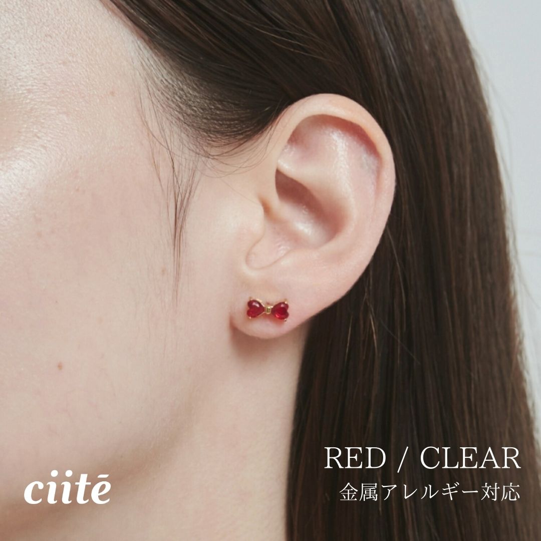 玫瑰金 - 金属アレルギー対応 ビジューリボンピアス サージカルステンレス レディース アクセサリー 結婚式 パーティー 誕生日 プレゼント シルバー ゴールド ピンクゴールド シンプル