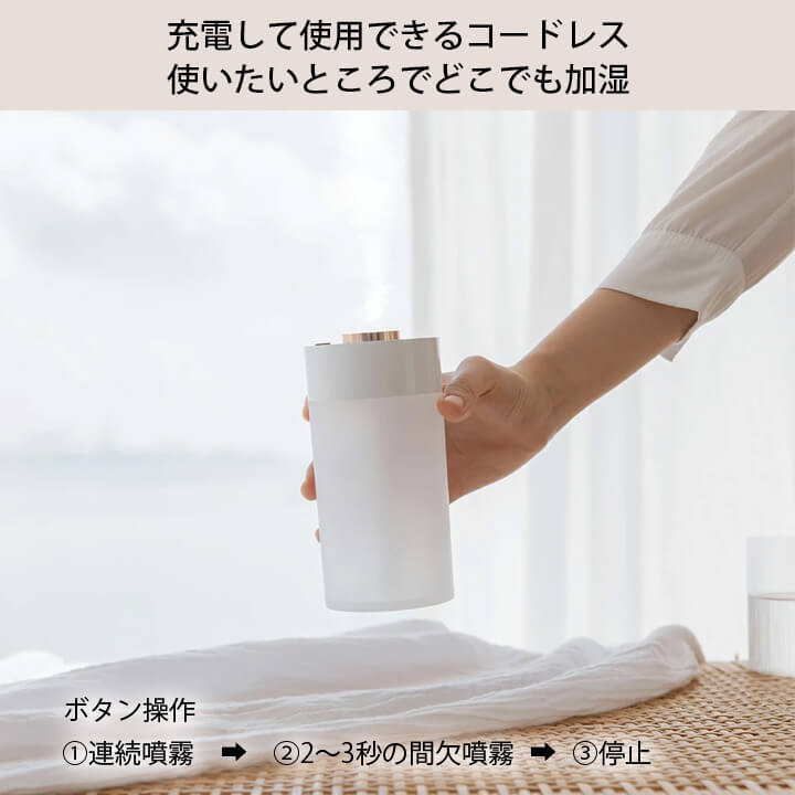 加湿器 超音波式 卓上 おしゃれ オフィス 充電式 コードレス コンパクト 小型 静音 リビング 寝室 インテリア 加湿 シンプル 使いやすい ミスト 噴霧 お手入れ ボトル型 カンタン ワンタッチ 自動オフ 水位センサー プレゼント 半透明 クリア F ピンク 桃 ホワイト 白 bp3s