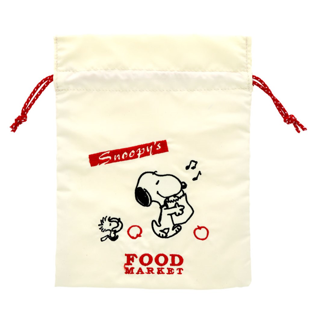 楽天キャラクターのシネマコレクションスヌーピー 巾着袋 刺繍 きんちゃくポーチ Delicious Food Market アイボリー ピーナッツ サンスター文具 小物入れ キャラクター グッズ メール便可 シネマコレクション プレゼント 男の子 女の子 ギフト