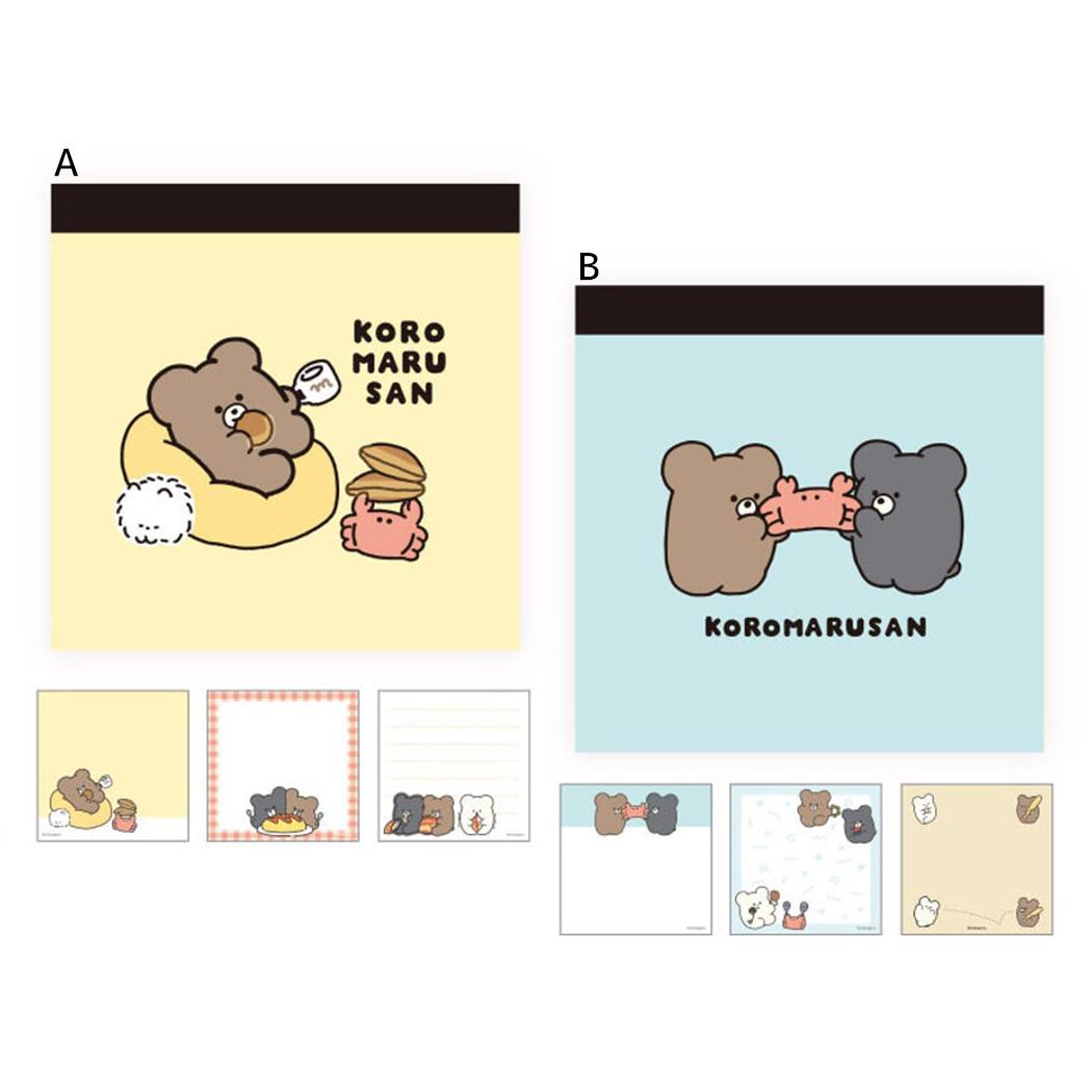 食べることがだいすきな[ころまるさん]ころんとまるまるのぽっちゃりこぐま。ダイエットも続かない、自分に甘い彼らだけど、がんばりすぎずゆるーく生きている姿は、毎日忙しい現代人に小さな癒しを届けるかも？3種類の柄が楽しめるメモパッド。ちょっとした伝言やお手紙に大活躍です。3柄 各25枚（計75枚）【デザイン】・A(4582406784846)・B(4582406784853)【仕様】本体サイズ：約95x95x7mm主要素材：紙