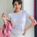 【全3色】パールリボン半袖トップ アイボリー ベージュ ブラック【ribbon-e040216top】( mja )(240423)シナモンガール Cinnamon Girl 超ミニ マイクロミニ 韓国 胸元 セクシー cinnamongirl レディース