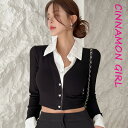 【全2色】シャツ配色ニットトップ グレー ブラック【besek-0313btop】( lam )(241028)シナモンガール Cinnamon Girl 超ミニ マイクロミニ 韓国 胸元 セクシー cinnamongirl レディース