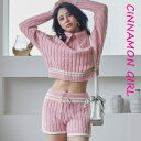 【全3色】配色ニットZIPトップ×ショートパンツセット アイボリー ピンク ネイビー 【besek-n100701set】( mja )(241128)シナモンガール Cinnamon Girl 超ミニ マイクロミニ 韓国 胸元 セクシー cinnamongirl レディース