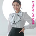 【全2色】リボンパフ袖長袖ブラウス アイボリー ブラック 【ribbon-y010803top】( mja )(250114)シナモンガール Cinnamon Girl 超ミニ マイクロミニ 韓国 胸元 セクシー cinnamongirl レディース
