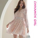 【全2色】シフォンフレアミニワンピース ラベンダー ピンク【flower-j022626lux】( mja )(250228)シナモンガール Cinnamon Girl 超ミニ マイクロミニ 韓国 胸元 セクシー cinnamongirl レディース