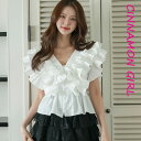 【全2色】フリルVネックトップ アイボリー レッド 【kang-u25042102top】( mja )(250428)シナモンガール Cinnamon Girl 超ミニ マイクロミニ 韓国 胸元 セクシー cinnamongirl レディース
