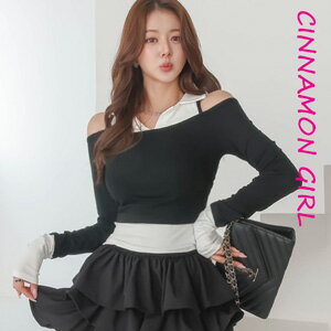 【全2色】襟付き配色コンビトップ グレー ブラック【kara-y25040101top】( mja )(250421)シナモンガール Cinnamon Girl 超ミニ マイクロミニ 韓国 胸元 セクシー cinnamongirl レディース