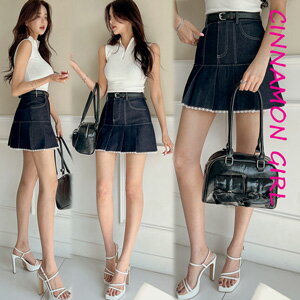 【ベルトセット】【インナーパンツ付】【全2色】デニムプリーツミニスカート ダークブルー ライトブルー S/M/L【denim-250409bsk】(lam )(...